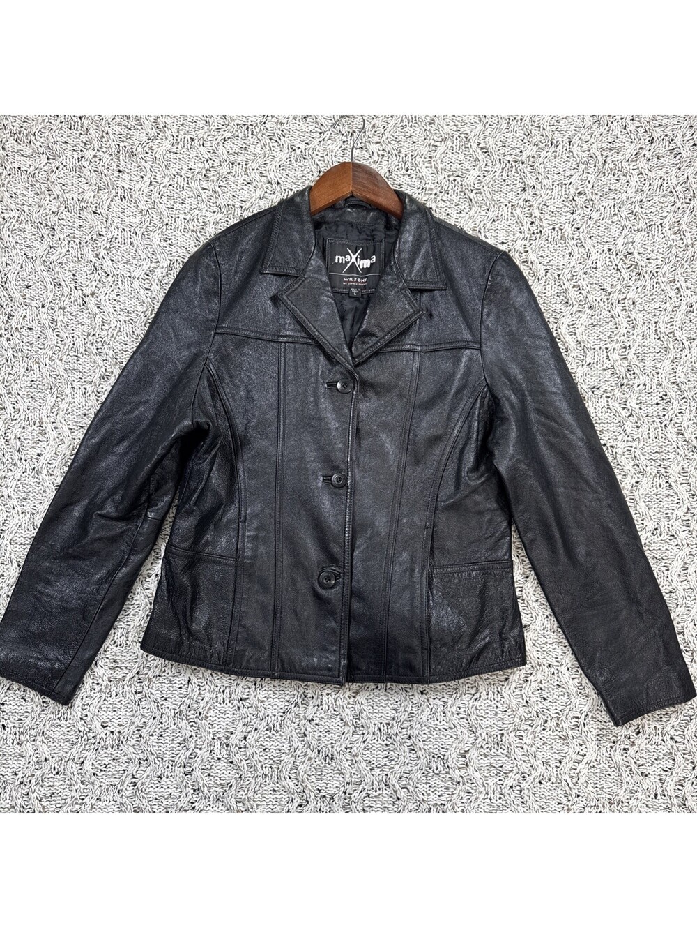 Wilsons Maxima Women's Sz L Black Leather Jacket Lined Button Front Vintage 90s
